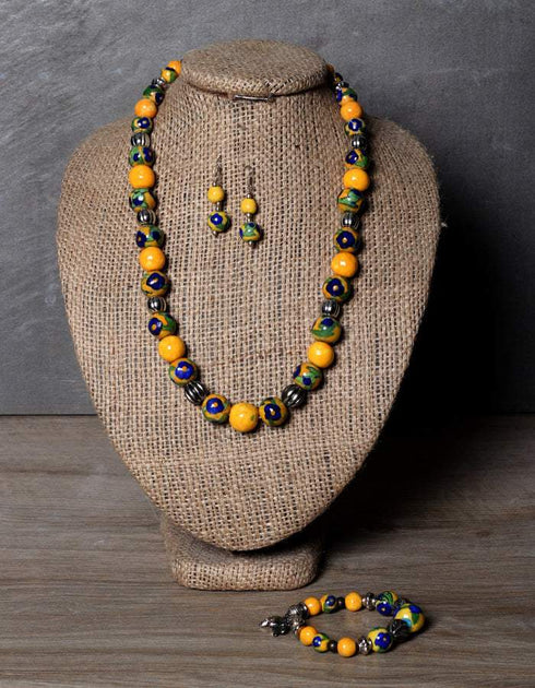 Blue Pottery Full Bead Necklace With Earrings And Bracelet (Yellow)